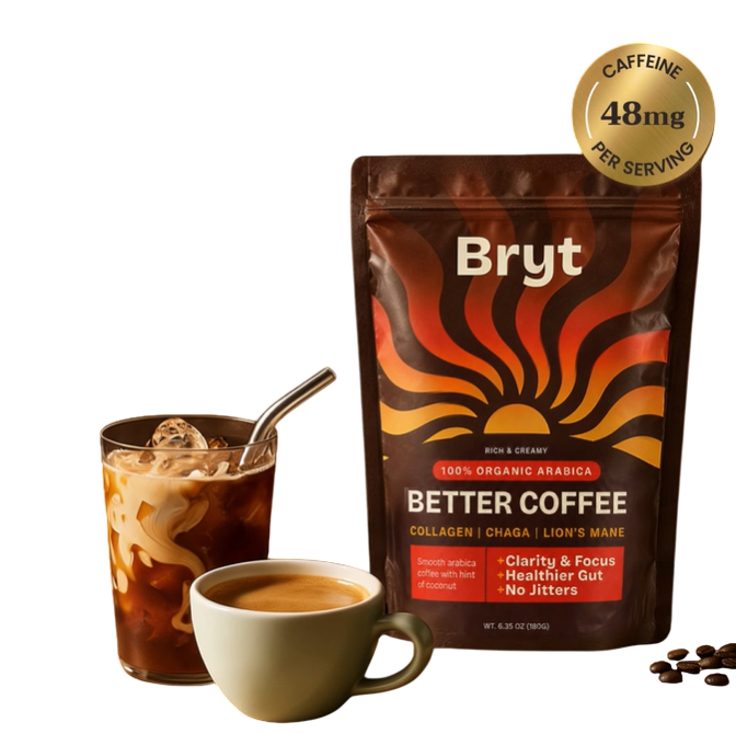 Bryt coffee, kawa funkcjonalna z grzybami adaptogennymi i kolagenem w czarnym opakowaniu